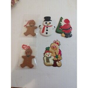 5 Vintage Christmas Ornaments Snowman Santa Ginger Bread Man
